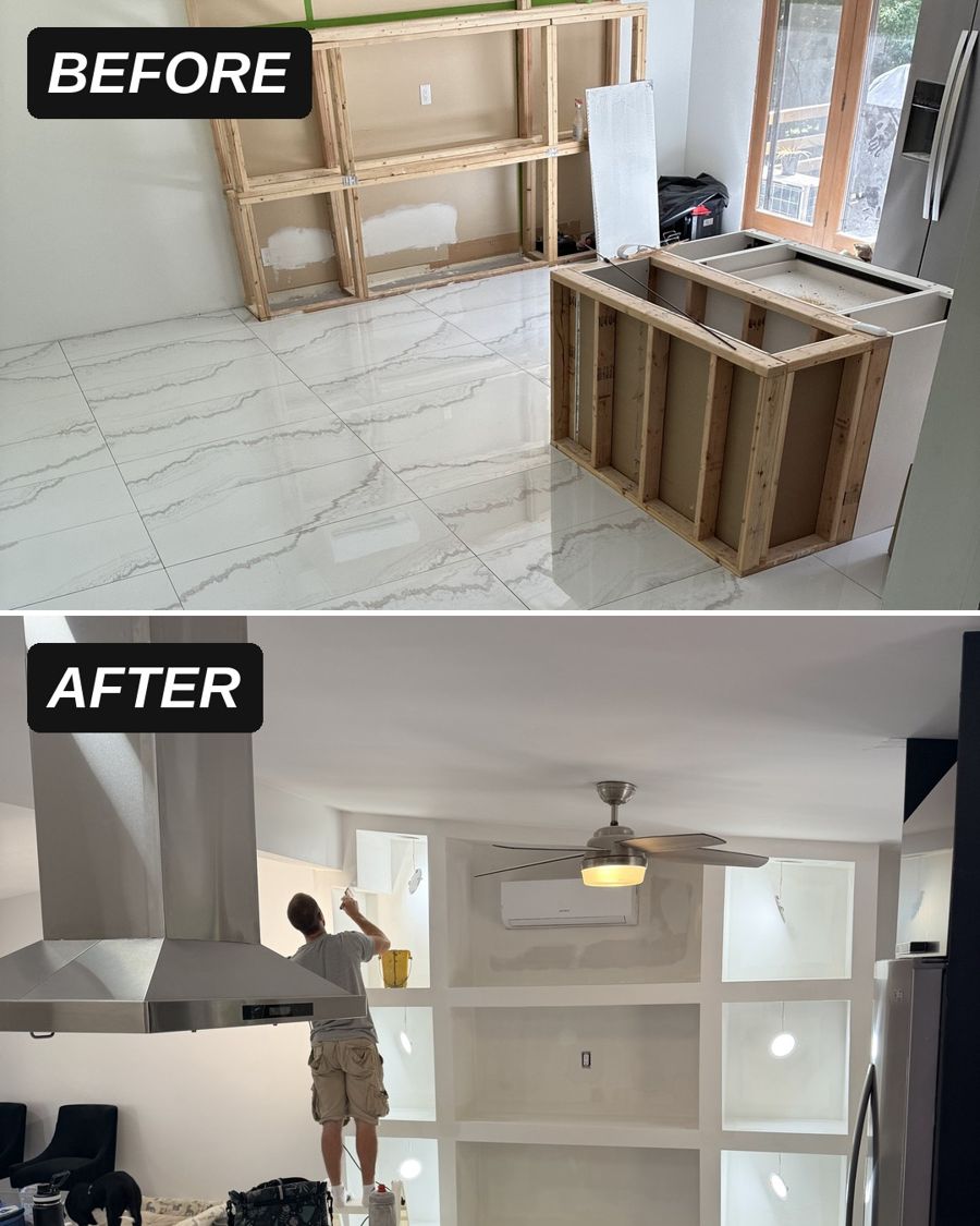 Before: wood framing and new white tile floor. After: finished island and lit built-in shelving in the same room.